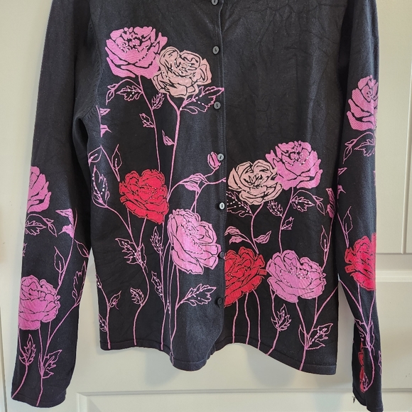 Obee Black Sweater with Pink & Red Roses Beaded 💖 - Picture 3 of 7
